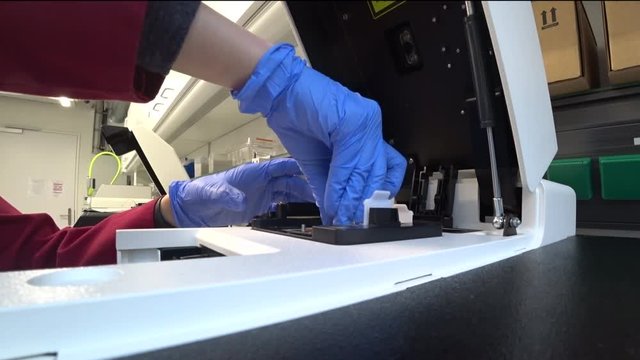 DNA Analyse in HI Technology Laboratory. Genome Sequencing. Next Generation Sequencing. Clustering on DNA Flow Cell or Chip. Technology and Medicine.