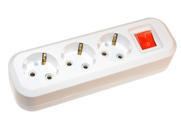 Triple white electric socket with red switch isolated on white background