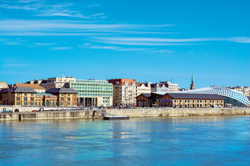 Fototapeta na wymiar Pest river bank of Budapest view including Corvinus university and library, Bálna cultural cerner