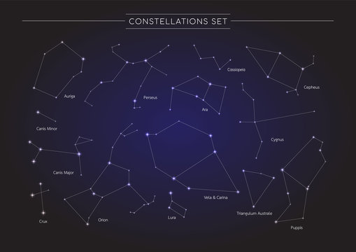 constellation in cosmos background, group of star in galaxy, astronomy set, vector illustration