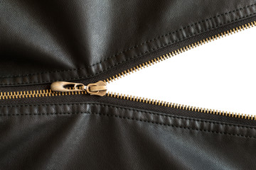 not fully buttoned metal zipper on a leather jacket