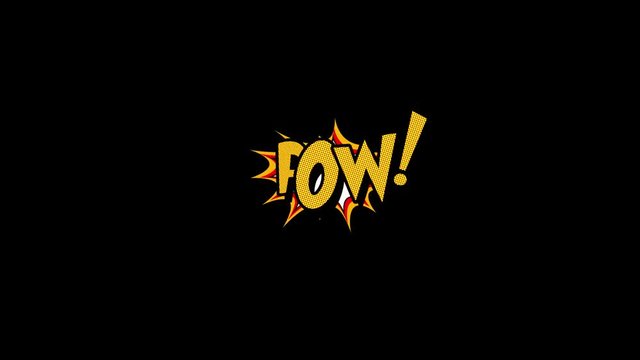 Comic strip speech bubble cartoon animation, with the words pow. Yellow text, white shape, Alpha channel