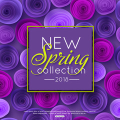 New Spring Collection background decorated ultra violet paper rose flowers. Vector illustration