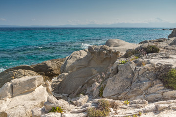 Fototapeta na wymiar Seascape of Orange Beach Kavourotripes at Sithonia peninsula, Chalkidiki, Central Macedonia, Greece