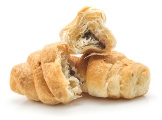 Croissants or cornetto with chocolate cream inside isolated on white background layered texture.