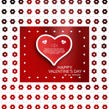 Vector greeting poster for Valentine's Day with gradient red background, white pattern of hexagons and hearts, text, paper heart with shadow in the center.