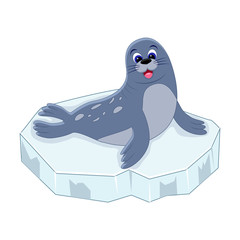 Cute cartoon seal on ice.  Arctic  animal. Vector illustration isolated on white background.