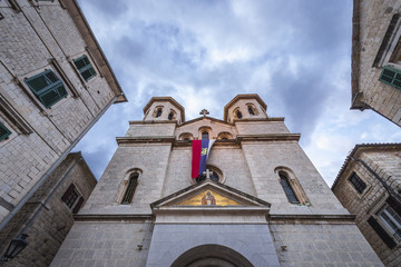 Facade of Serbian Orthodox Church of Saint Nicholas on the Old Town of Kotor coastal city, located in Bay of Kotor of Adriatic Sea, Montenegro
