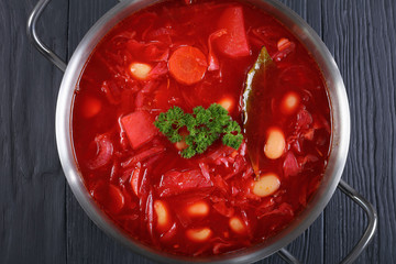 close-up of delicious beetroot red soup
