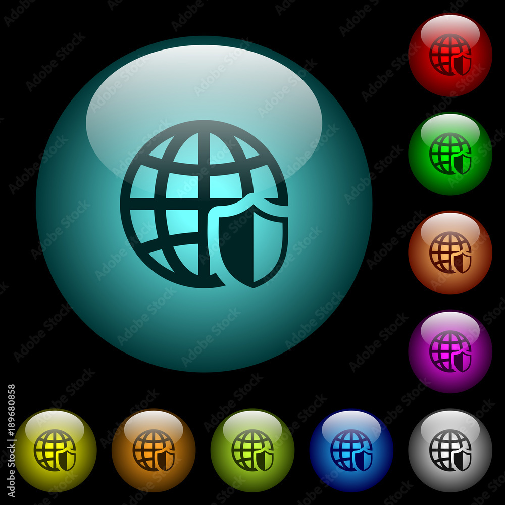 Poster internet security icons in color illuminated glass buttons