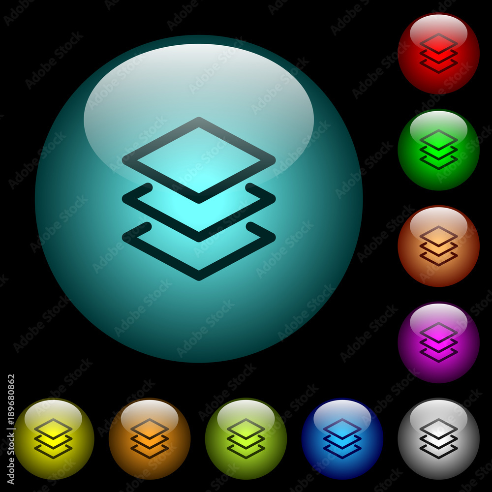 Poster layers icons in color illuminated glass buttons