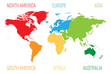 Mapa świata podzielona na sześć kontynentów. Każdy kontynent w innym kolorze. Prosta ilustracja wektorowa płaski. - 189680820