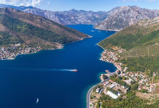 Aerial view on Lepetane Ferry. Montenegro.  