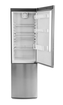 Open empty refrigerator on white background