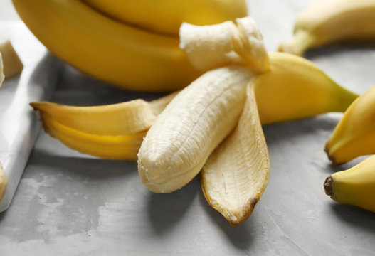 Ripe bananas on table, closeup