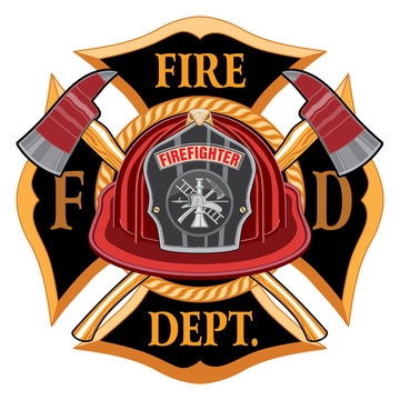 Fire Department Cross Vintage with Red Helmet and Axes is an illustration of a vintage fireman or firefighter Maltese cross emblem with a red firefighter helmet with badge and crossed axes.