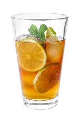 Glass with Cuba Libre cocktail on white background
