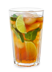 Glass with Cuba Libre cocktail on white background