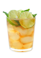 Glass with Cuba Libre cocktail on white background