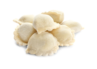 Raw dumplings on white background