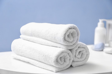 Fototapeta na wymiar Clean soft towels on table