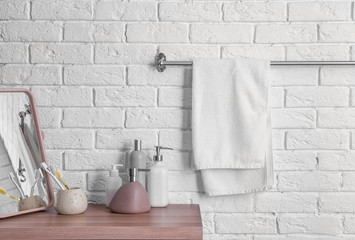 Clean towel on rack in bathroom