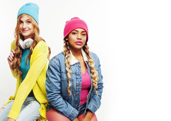 diverse nation girls group, two diverse rase teenage friends company cheerful having fun, happy smiling, cute posing isolated on white background, lifestyle people concept close up, african american