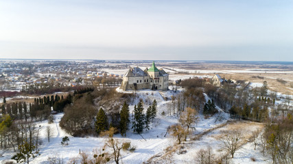 Aerial view of the Olesky Castle and residential neighborhoods near it