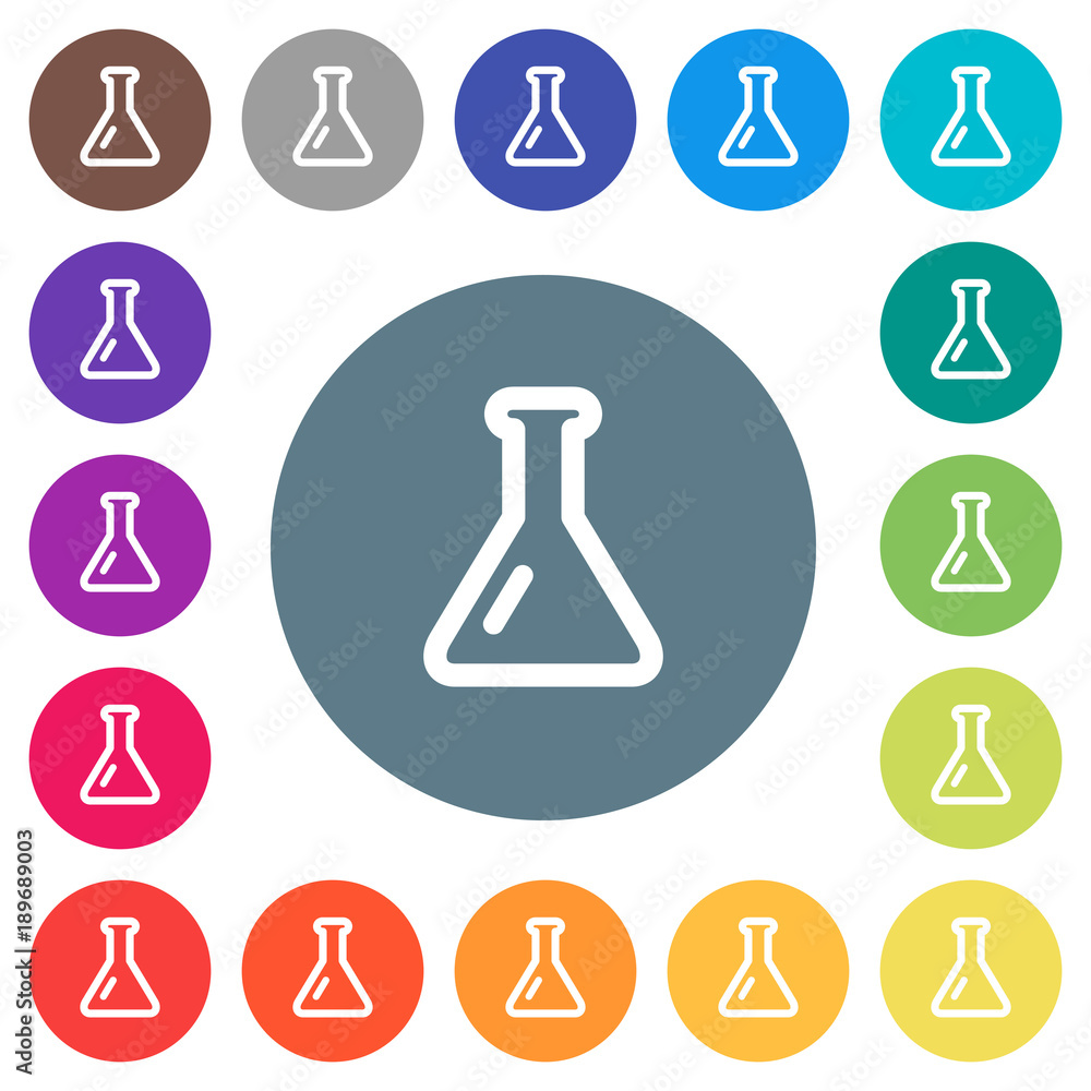 Poster empty flask flat white icons on round color backgrounds
