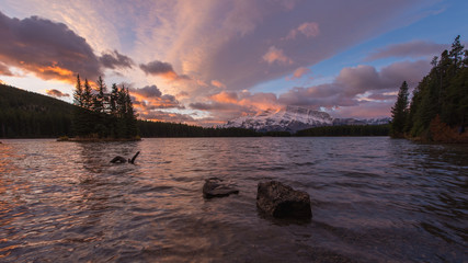 Sunrise at two jack lake in the Canadian Rockies