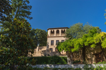 Obraz premium View of the bell tower of the Alhambra from the Generalife gardens in Granada, Spain, Europe