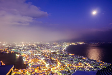 Top view night of Hakodate city and bay Japan