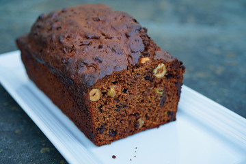 A vegan chocolate banana bread with hazelnuts