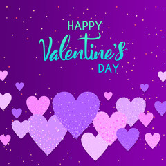 Fototapeta na wymiar Artistic typography on Valentines day with colorful sprinkles on purple and violet hearts