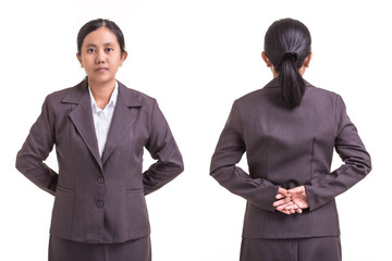 Portrait of businesswoman in grey suit isolated on white