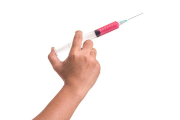Hand of woman holding syringe. Studio shot isolated on white