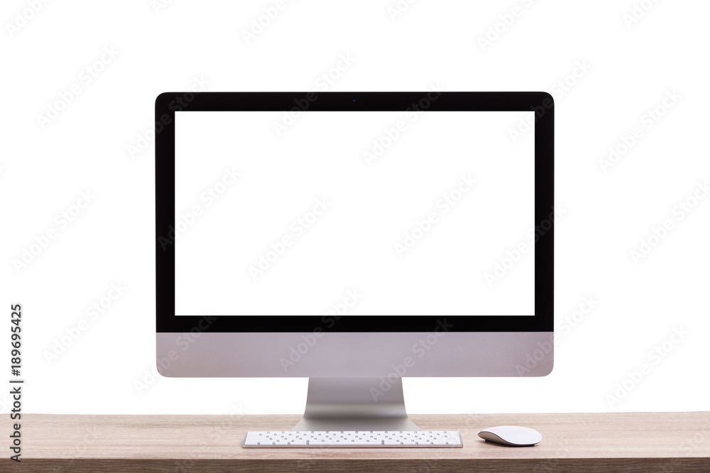 Fototapete modern desktop computer on wooden table. studio shot isolated on white. blank screen for graphics di