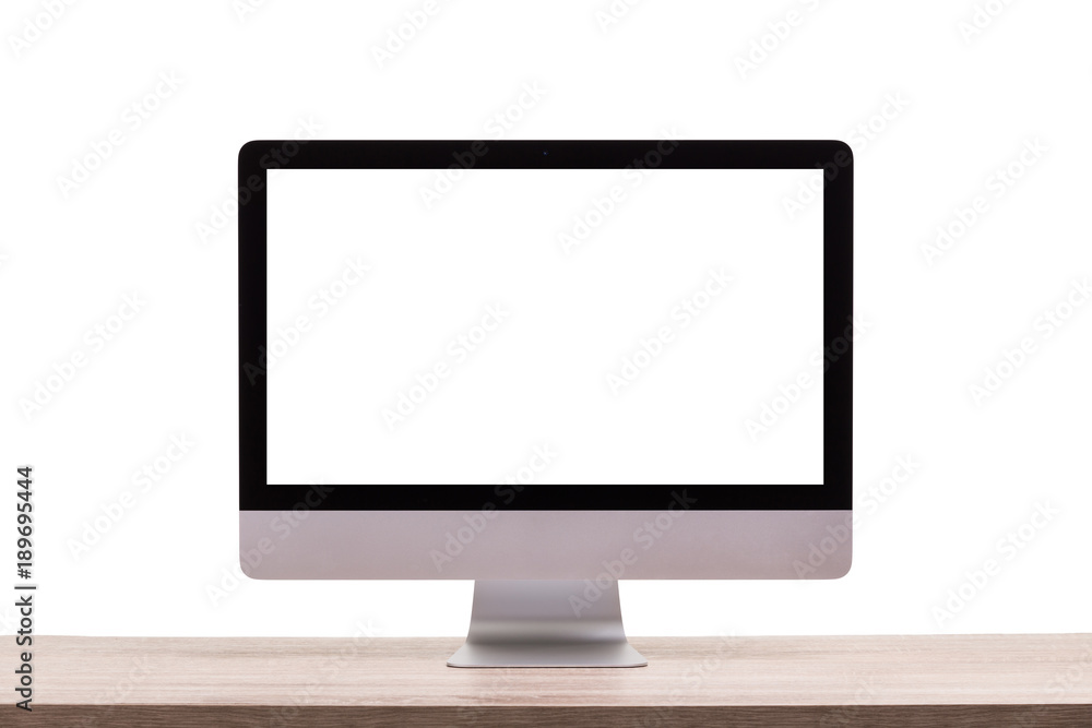 Poster modern desktop computer on wooden table. studio shot isolated on white. blank screen for graphics di