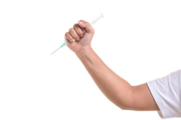 Hand of woman holding syringe. Studio shot isolated on white