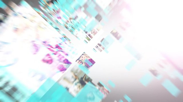 Flying through futuristic social media tunnel uploading photos to platform - Alt2