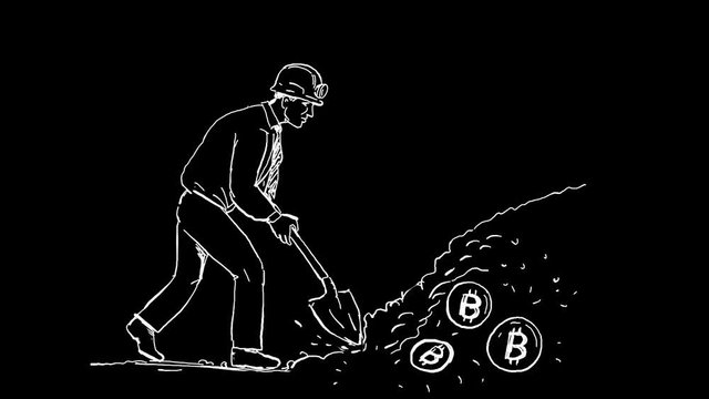 2d Animation motion graphics showing a bitcoin miner mining digging with spade for Crytocurrency on white screen, green screen with alpha matte in  HD high definition.