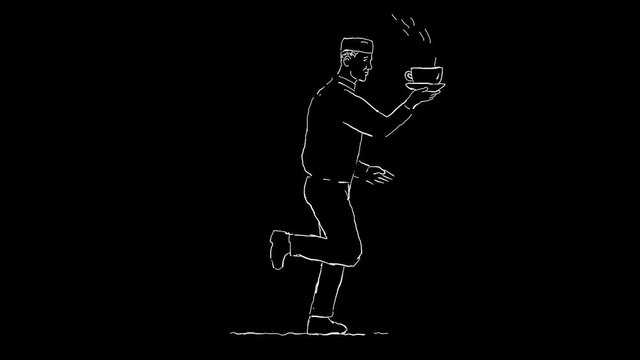 2d Animation motion graphics showing a waiter running and serving a hot cup of coffee viewed from side  on white screen, green screen with alpha matte in  HD high definition.