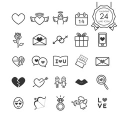 Monochrome signs and symbols line icons set of heart and romantic elements for valentines day, Vector illustration.