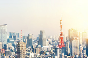 Fototapeta na wymiar Asia Business concept for real estate and corporate construction - panoramic modern city skyline bird eye aerial view of tokyo tower under golden sun Tokyo, Japan