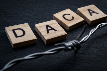 Deferred action for child arrivals concept with barb wire next to letters that spell the acronym DACA. DACA is a piece of legislation that protects immigrants that were brought to the USA as children