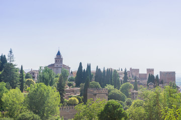 Fototapeta na wymiar View of the bell tower of the Alhambra from the Generalife gardens in Granada, Spain, Europe