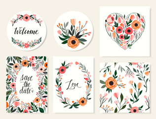 Wedding cards collection with six hand drawn floral cards templates, floral wreath and seamless pattern