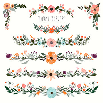 Floral borders collection with hand drawn decorative garland