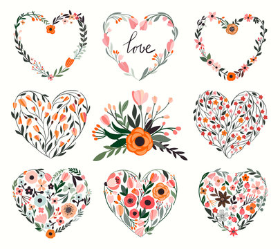 Floral hearts collection with eight hand drawn decorative flowers and plants