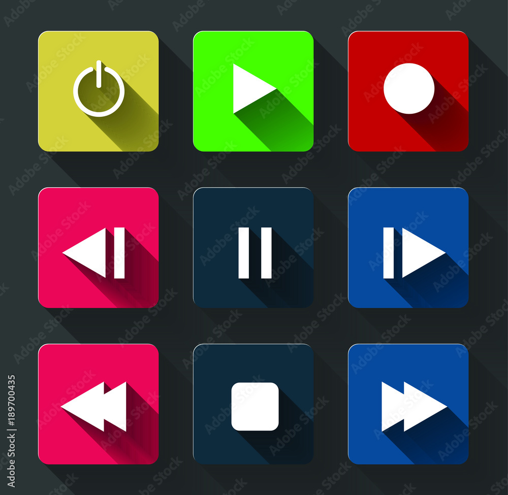 Poster symbol icon set media player control white round buttons. vector illustrator